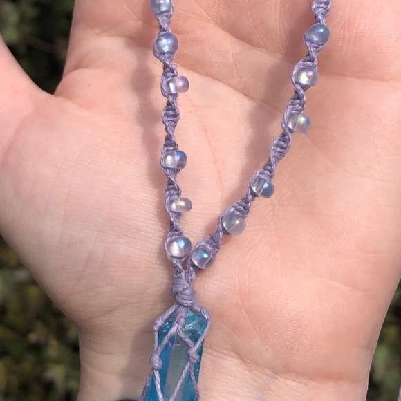Aqua Aura Quartz Macrame Beaded Necklace - Picture 3 of 8